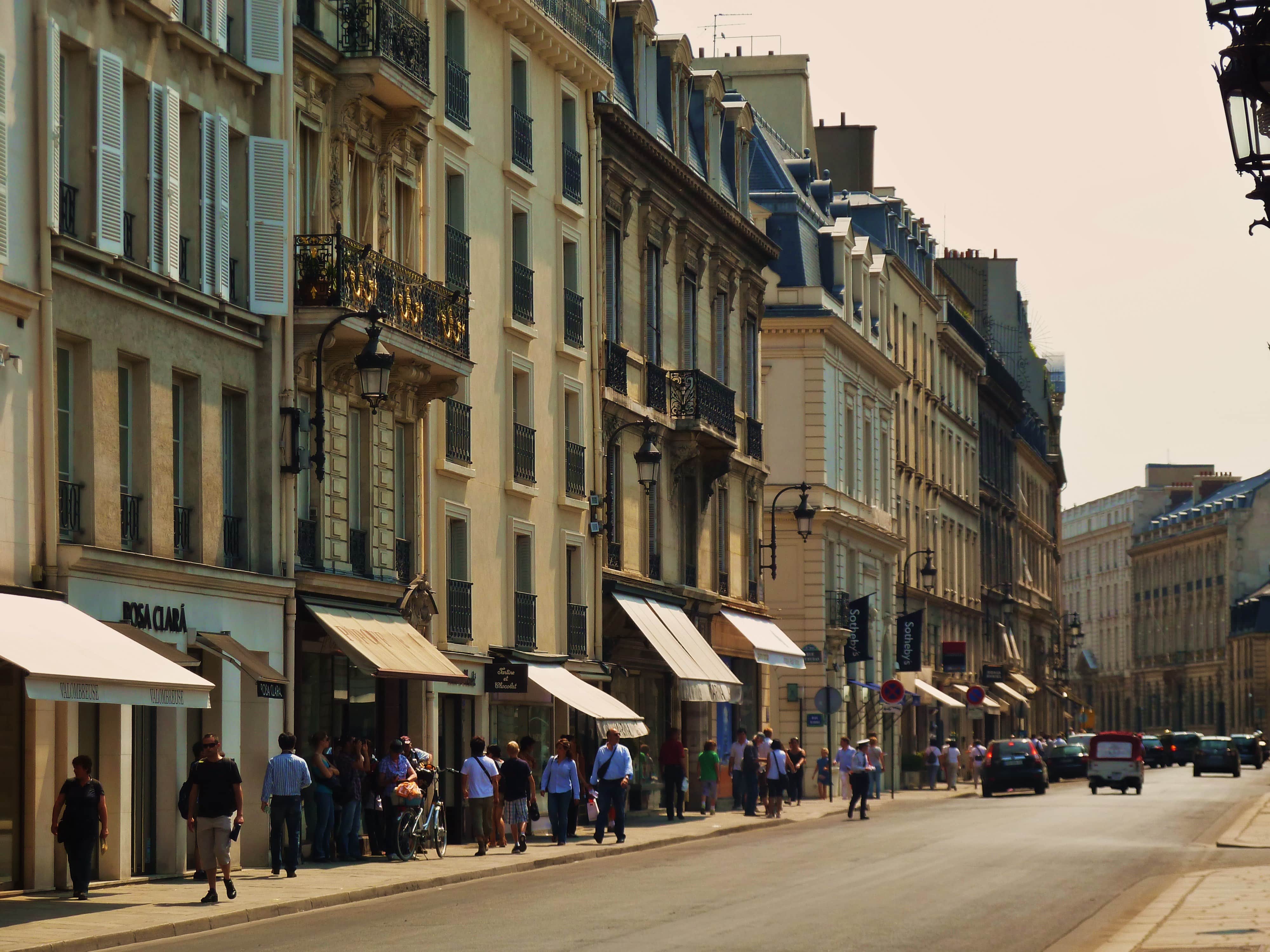 Luxury shopping street Rue Saint Honore in Paris. Famous brands